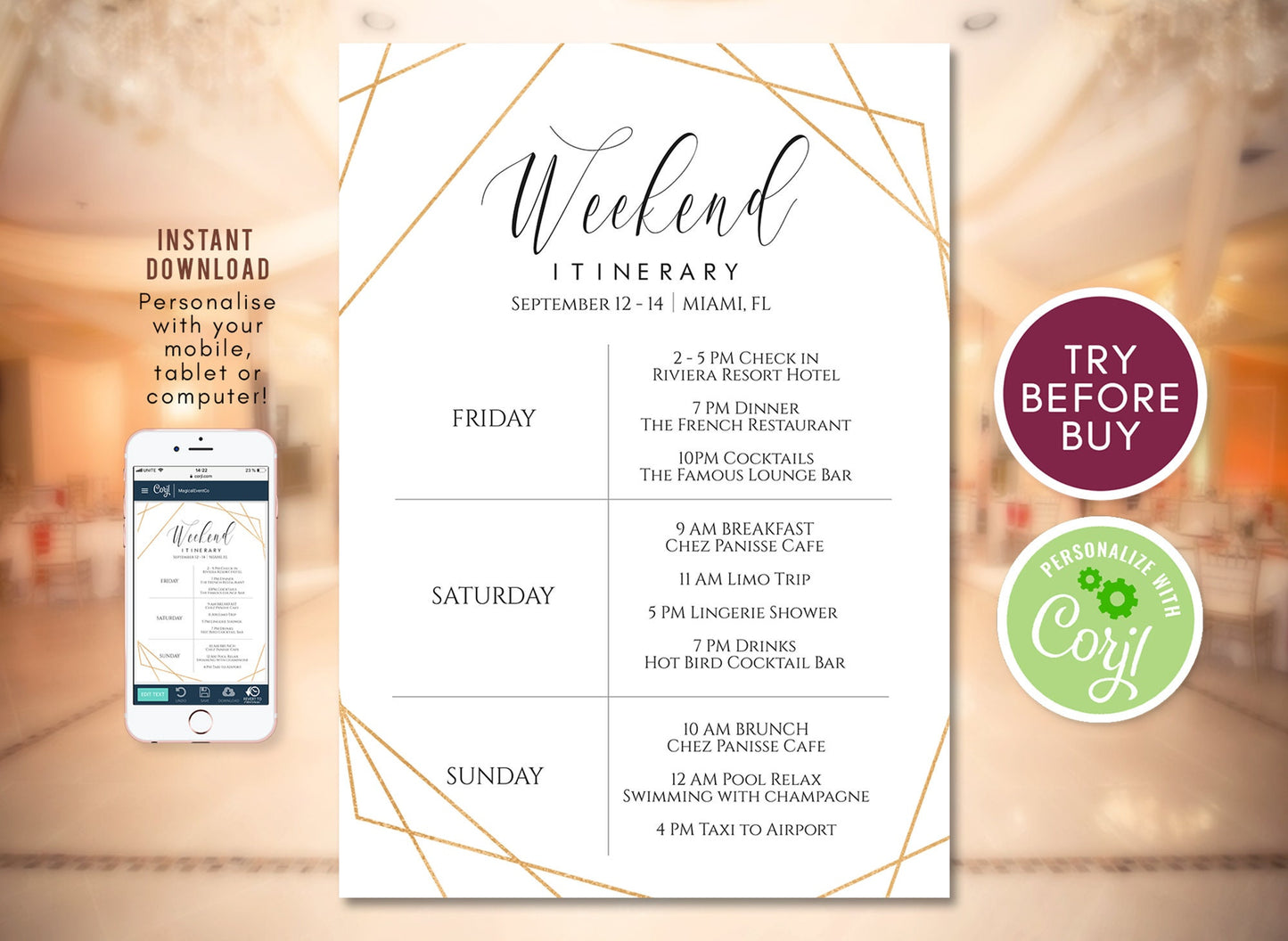 Bachelorette Weekend Itinerary Invitation, Gold Geometric Bachelorette Party Template, Editable Geometric Invite, Instant Download Digital