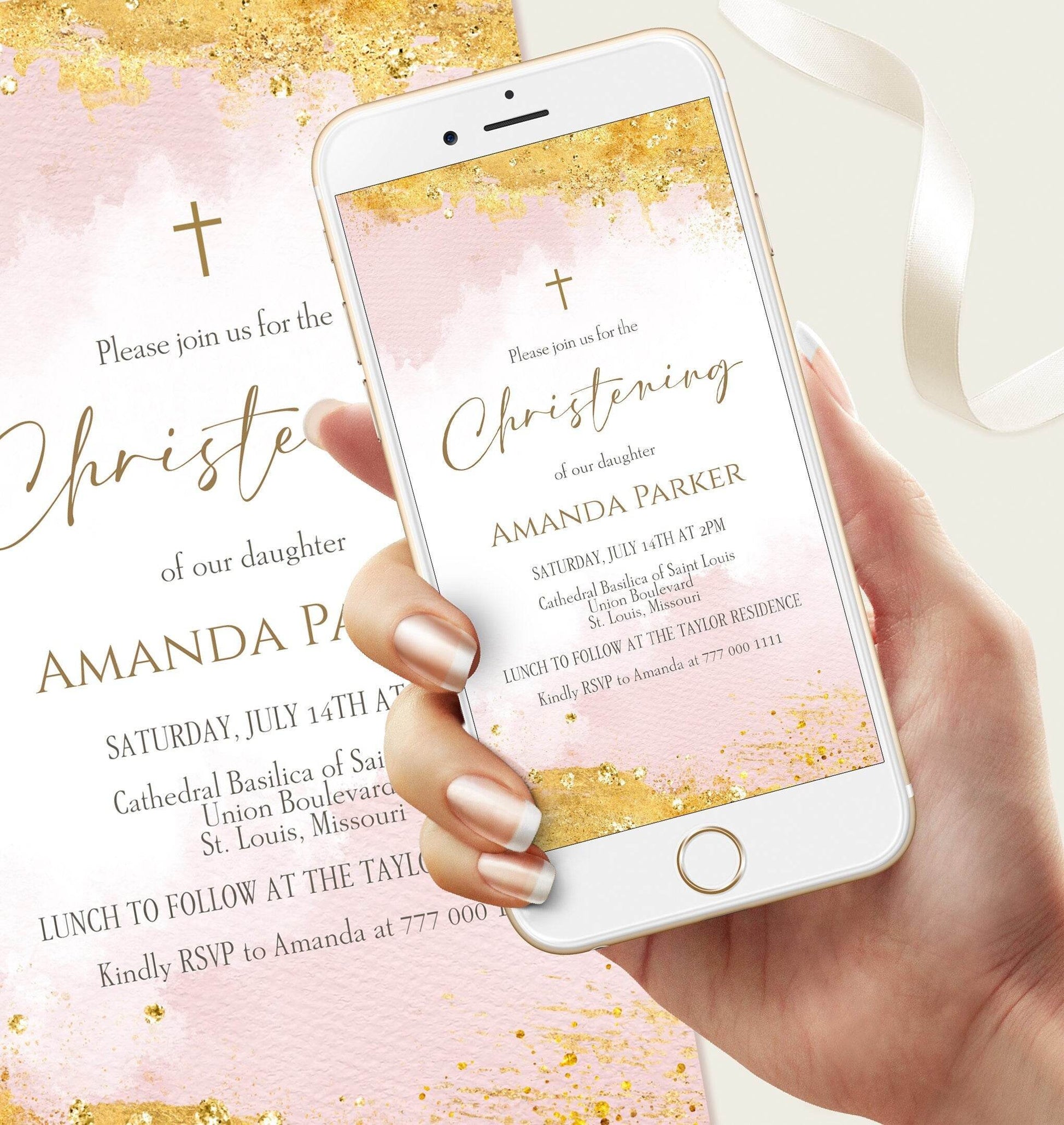 Electronic Girl Christening Invitation Template, Christening Invite, Girl Pink Gold Watercolor Invite, Editable Baptism Text Message Evite