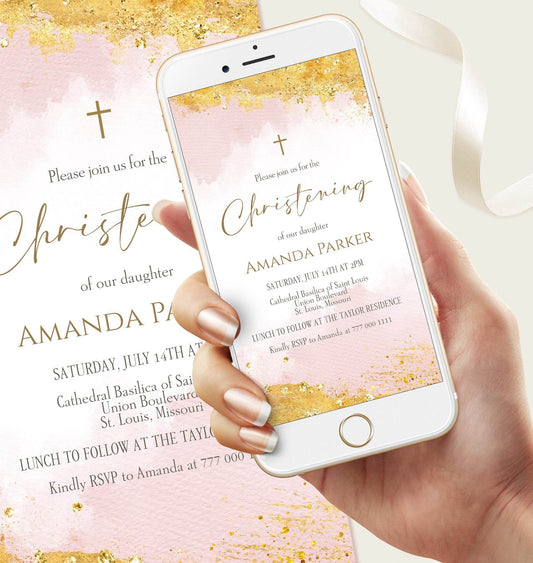 Electronic Girl Christening Invitation Template, Christening Invite, Girl Pink Gold Watercolor Invite, Editable Baptism Text Message Evite