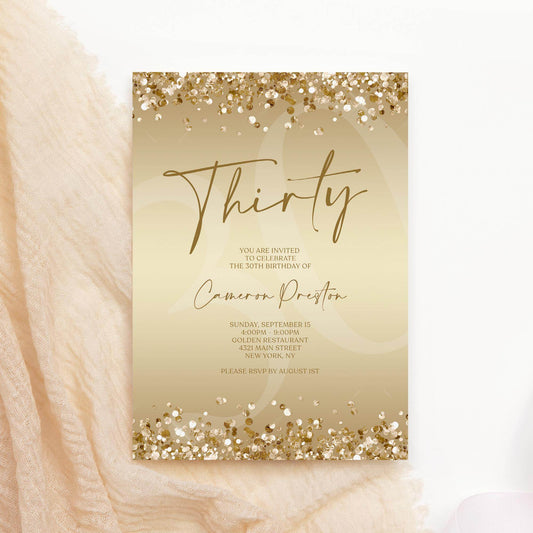 Gold Thirty 30th Invitation Template Printable, Editable Gold Confetti 30th Birthday Invite, Email Text Message, Ladies Surprise Party Card