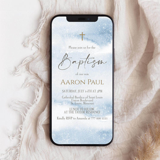 Boy Baptism Invitation, Blue Watercolor Digital Invite, Editable Baptism Text Message Evite, Printable Christian Invitation, Instant Download