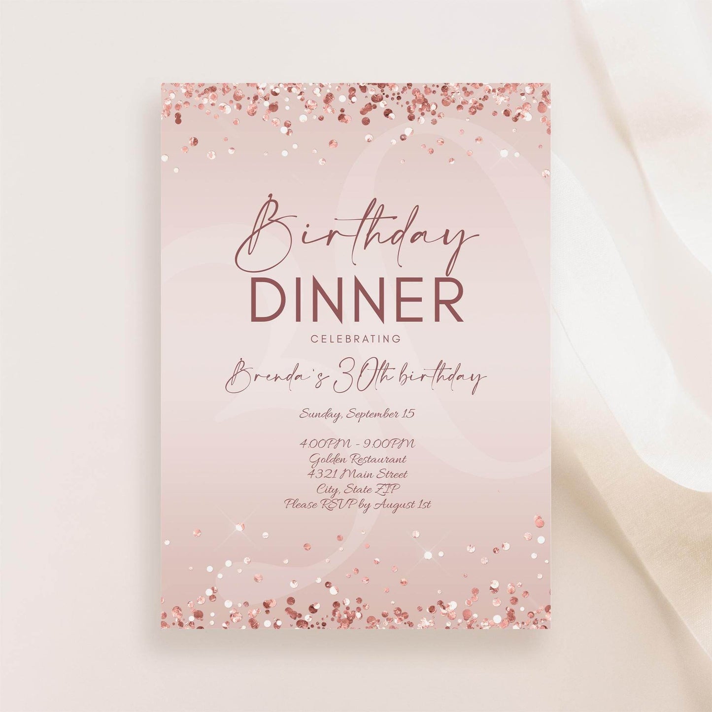 Birthday Dinner Invitation Template Printable, Editable Rose Gold Birthday Dinner Invite, Any Age Birthday, Email Text Message Invitation