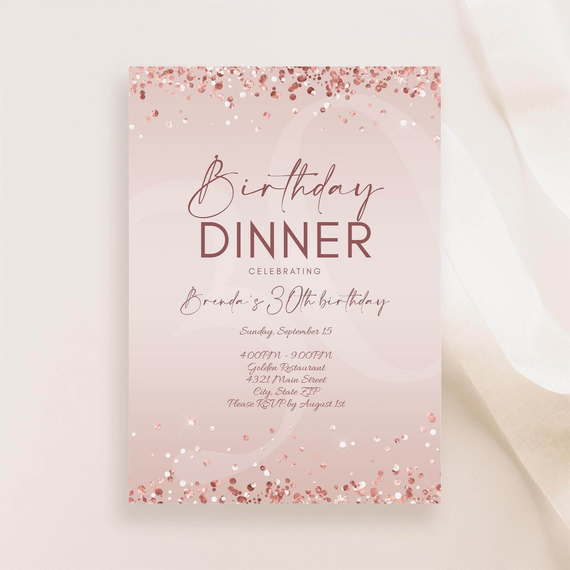 Birthday Dinner Invitation Template Printable, Editable Rose Gold Birthday Dinner Invite, Any Age Birthday, Email Text Message Invitation