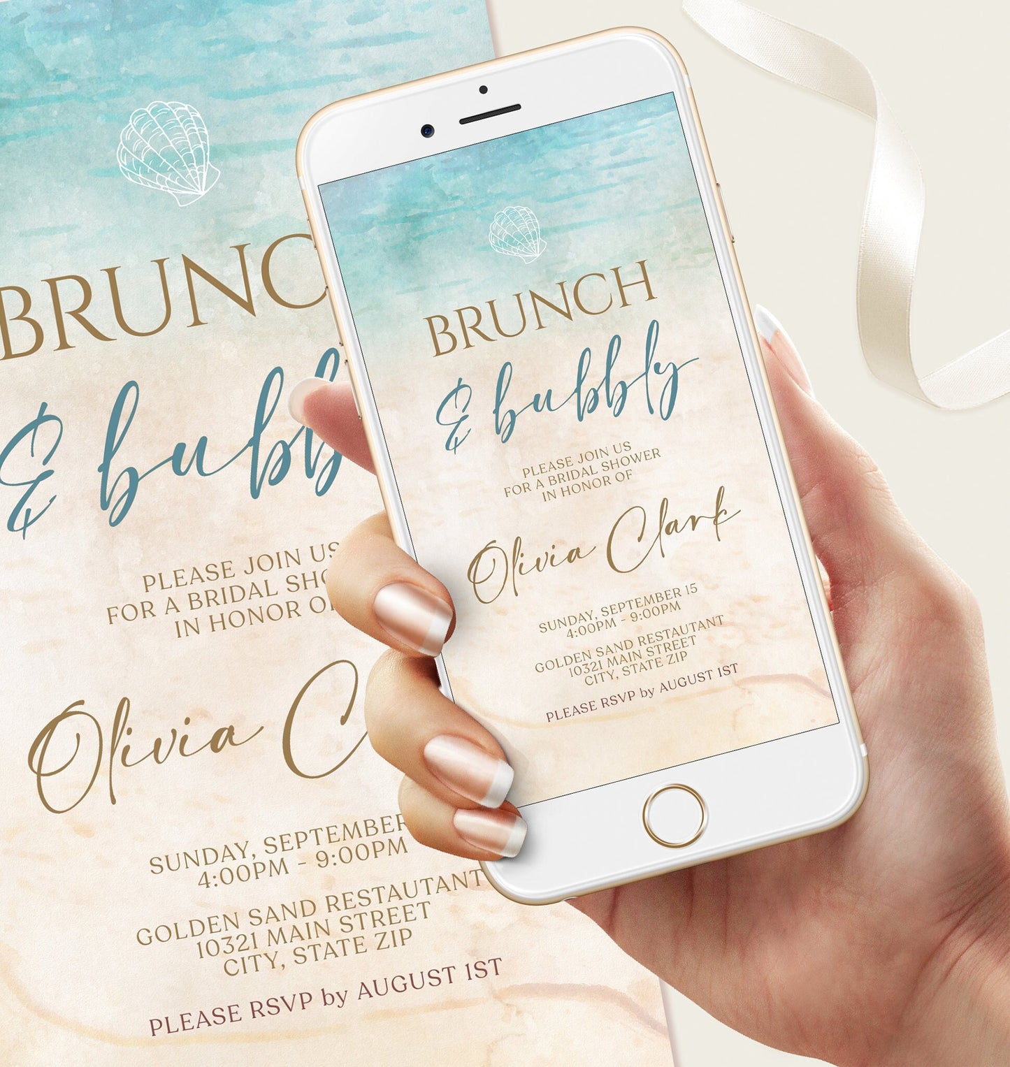 Electronic Brunch & Bubbly Invitation, Editable Digital Invitation Template, Nautical Beach Bridal Shower Invite, Bridal Brunch Text Evite