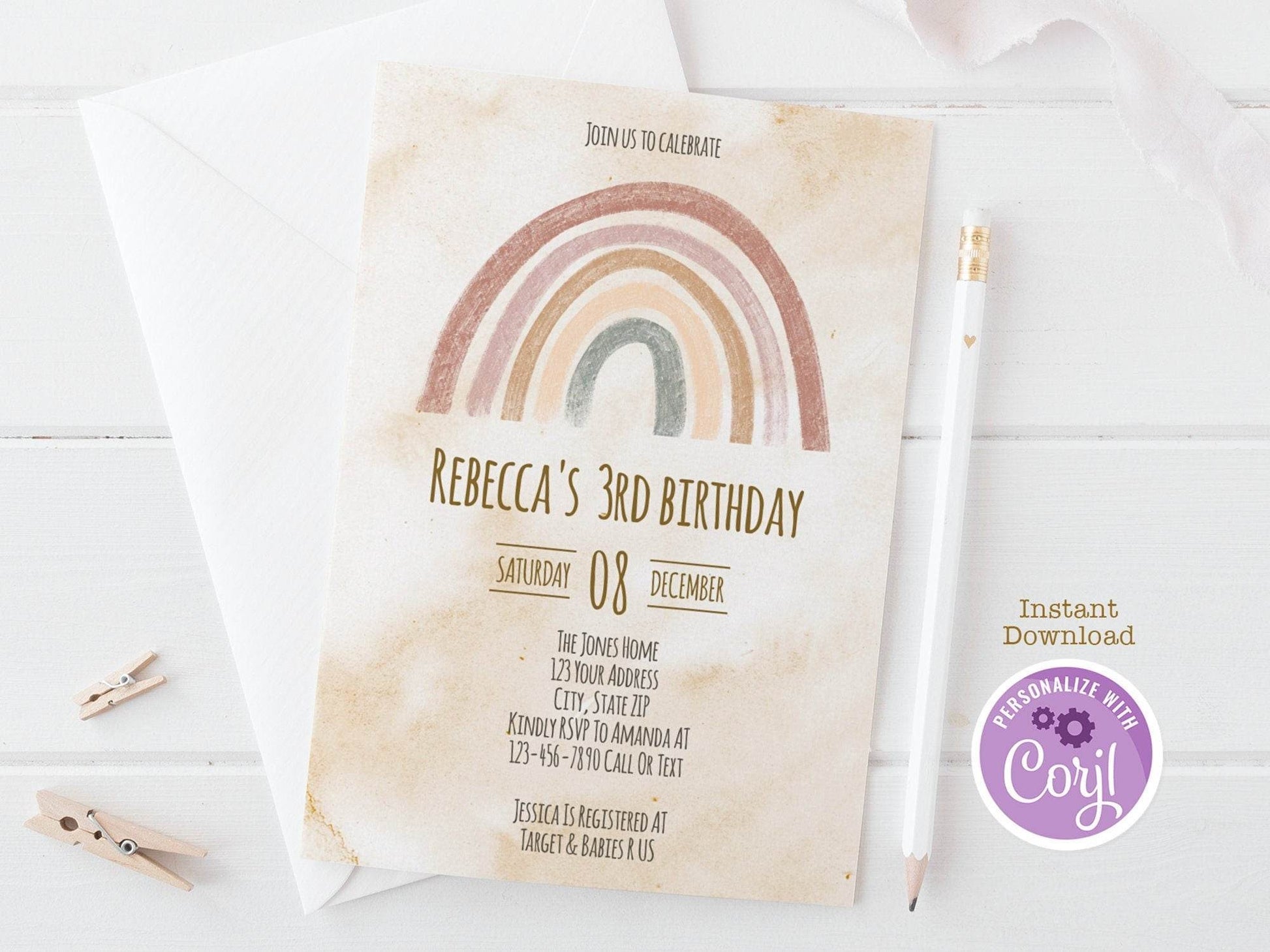 Printable Boho Rainbow Birthday Invitation, Gender Neutral Boho Birthday Invite, Watercolor Editable Party Template, Instant Download