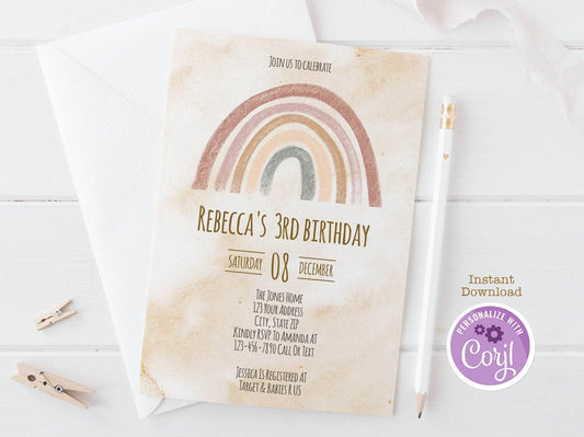 Printable Boho Rainbow Birthday Invitation, Gender Neutral Boho Birthday Invite, Watercolor Editable Party Template, Instant Download