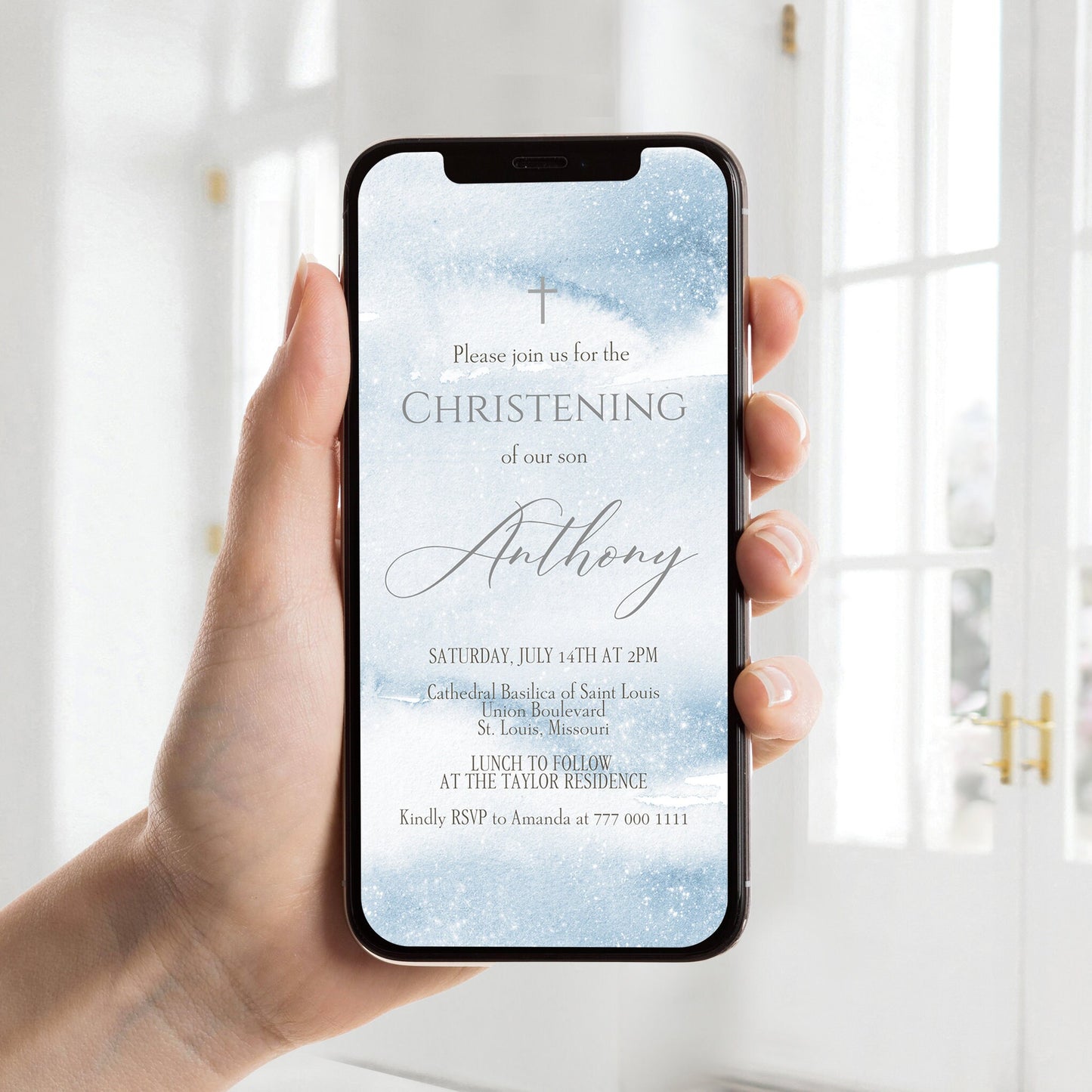 Digital Boy Christening Invitation, Electronic Christening Invite Template, Blue Watercolor, Text Message Evite, Editable Email Text Message