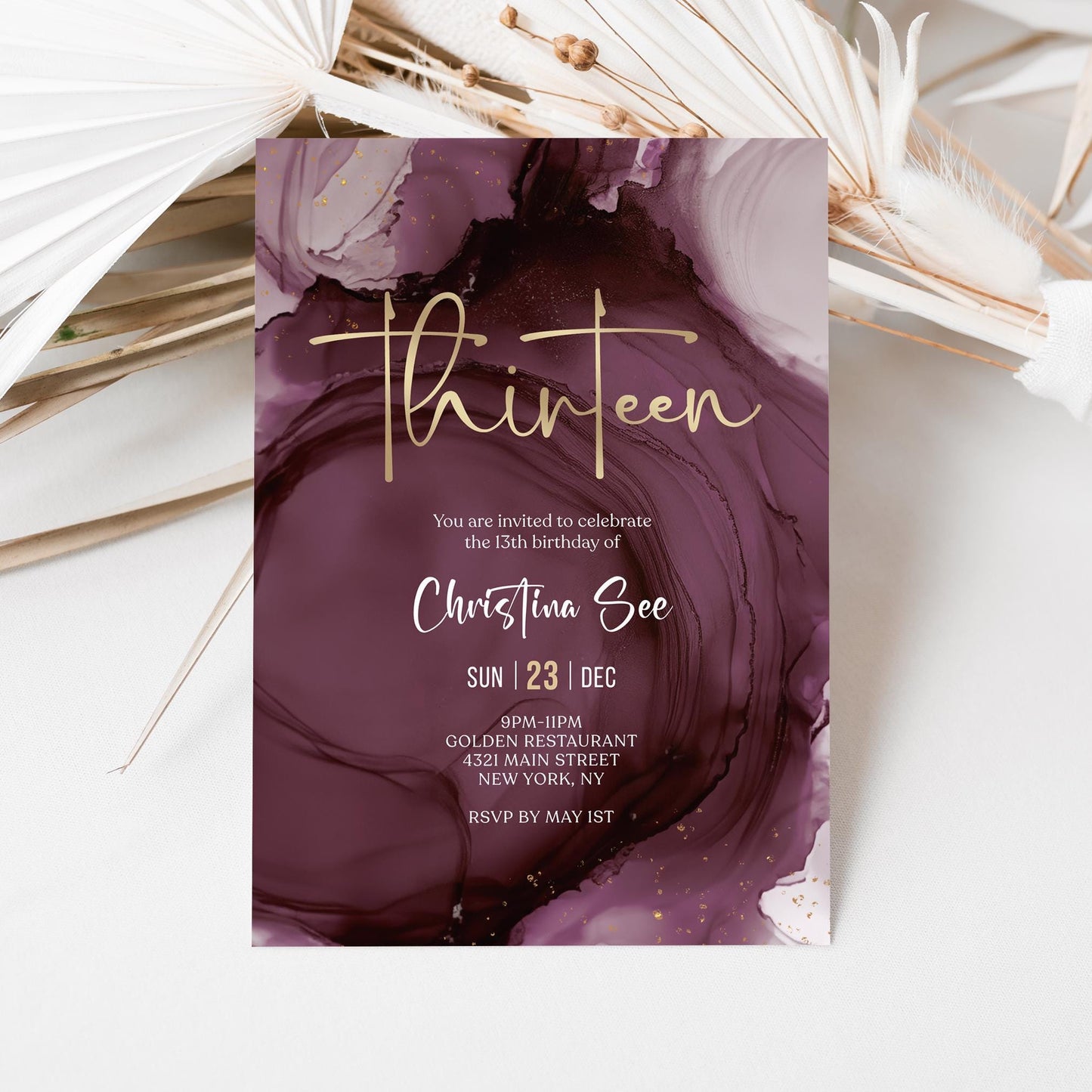Purple Gold 13th Thirteen Birthday Invitation Template, Printable Birthday Party Invite, Editable Girl Surprise Invite, Digital Download