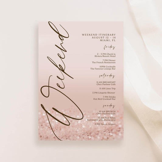 Weekend Itinerary Template – Editable Rose Gold Birthday Weekend Schedule | Printable Bachelorette & Hen Party Itinerary | Instant Download