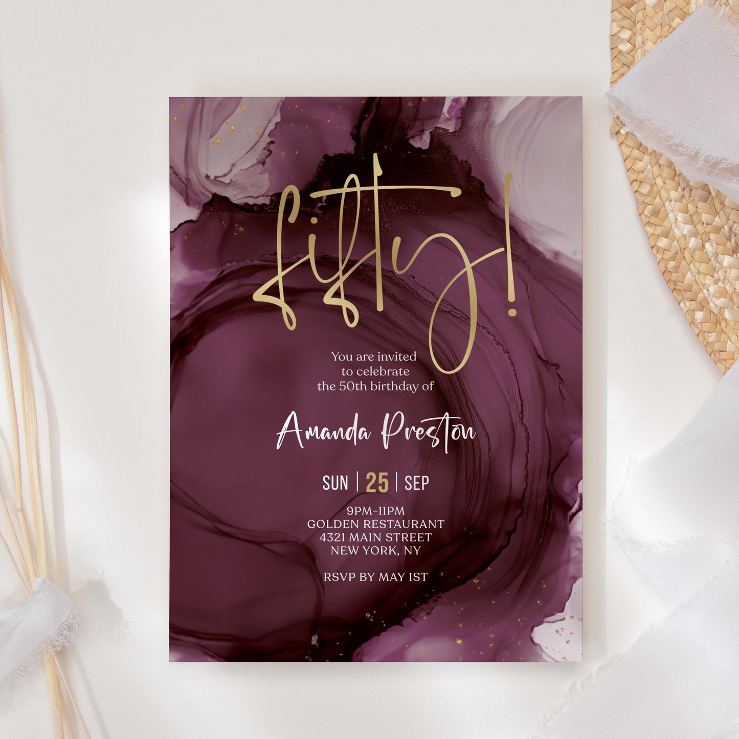 Purple Gold 50th Fifty Birthday Invitation Template, Printable Maroon Woman Dinner Party Invite, Editable Surprise Invite, Digital Download