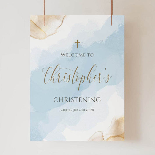 Boy Christening Welcome Sign Template – Printable Blue & Gold Baptism Welcome Poster | Editable Christening Sign | Instant Download