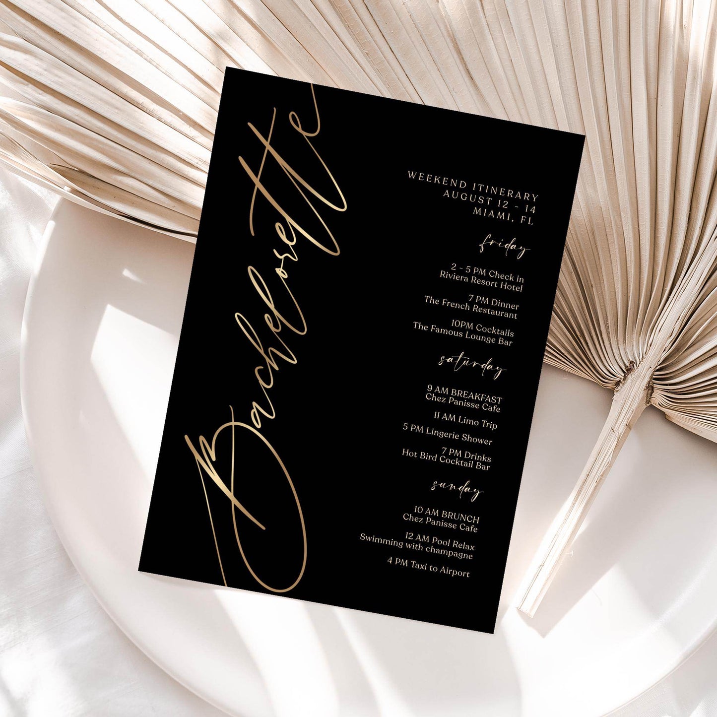Black Bachelorette Itinerary Template, Editable Weekend Event Schedule, Printable Elegant Itinerary, Digital Download, Text Message Evite