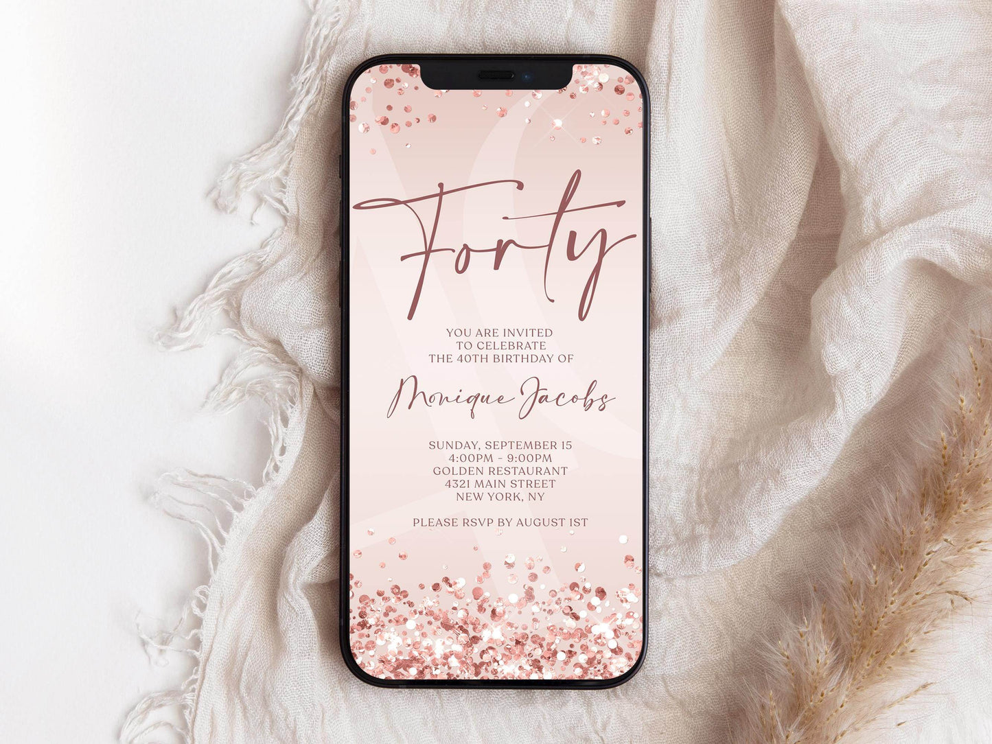 Pink Rose Gold Forty 40th Invite Digital, Birthday Invitation Template, Editable Rose Gold Evite, Text Message Electronic Birthday Card