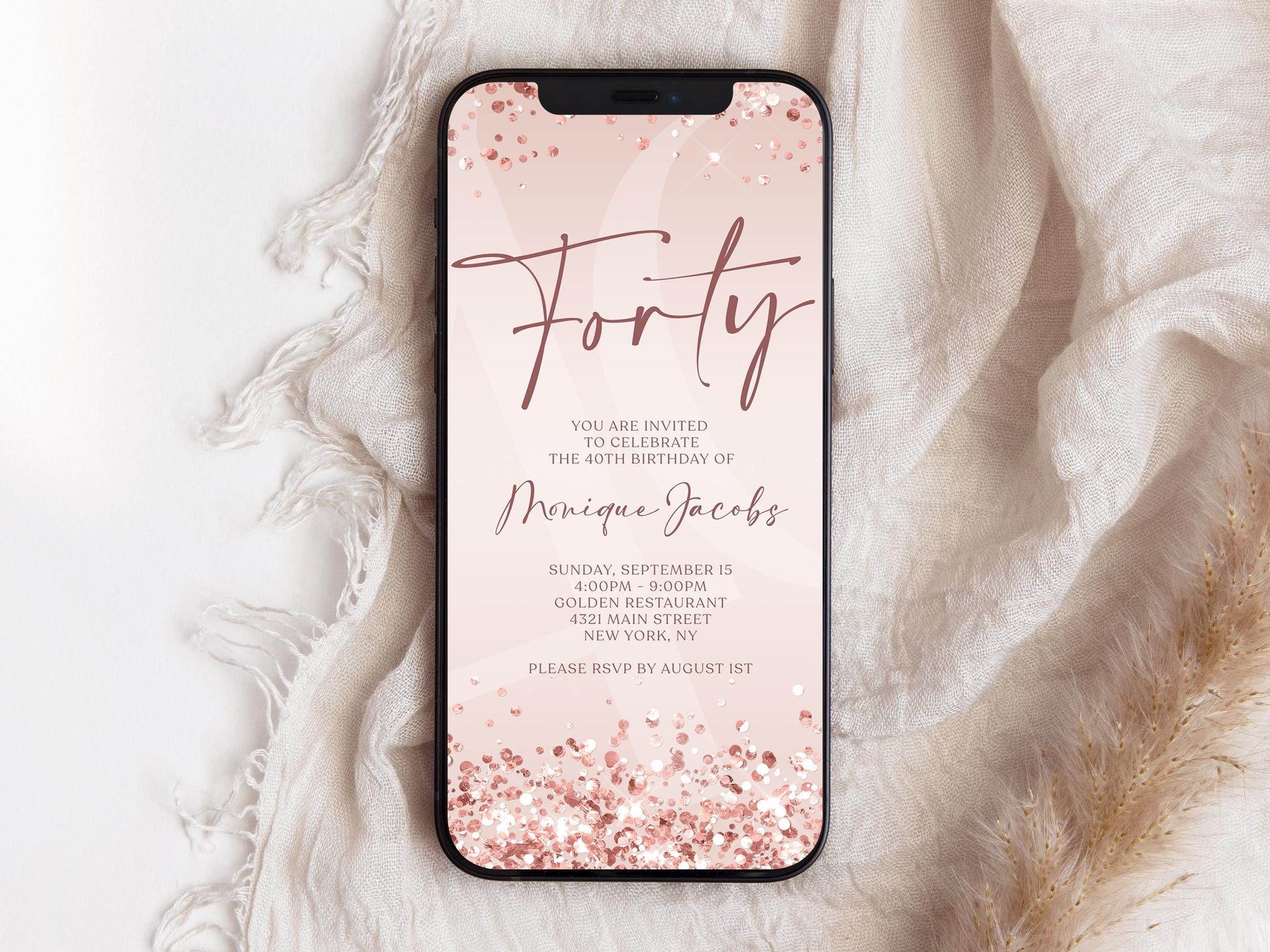 Pink Rose Gold Forty 40th Invite Digital, Birthday Invitation Template, Editable Rose Gold Evite, Text Message Electronic Birthday Card