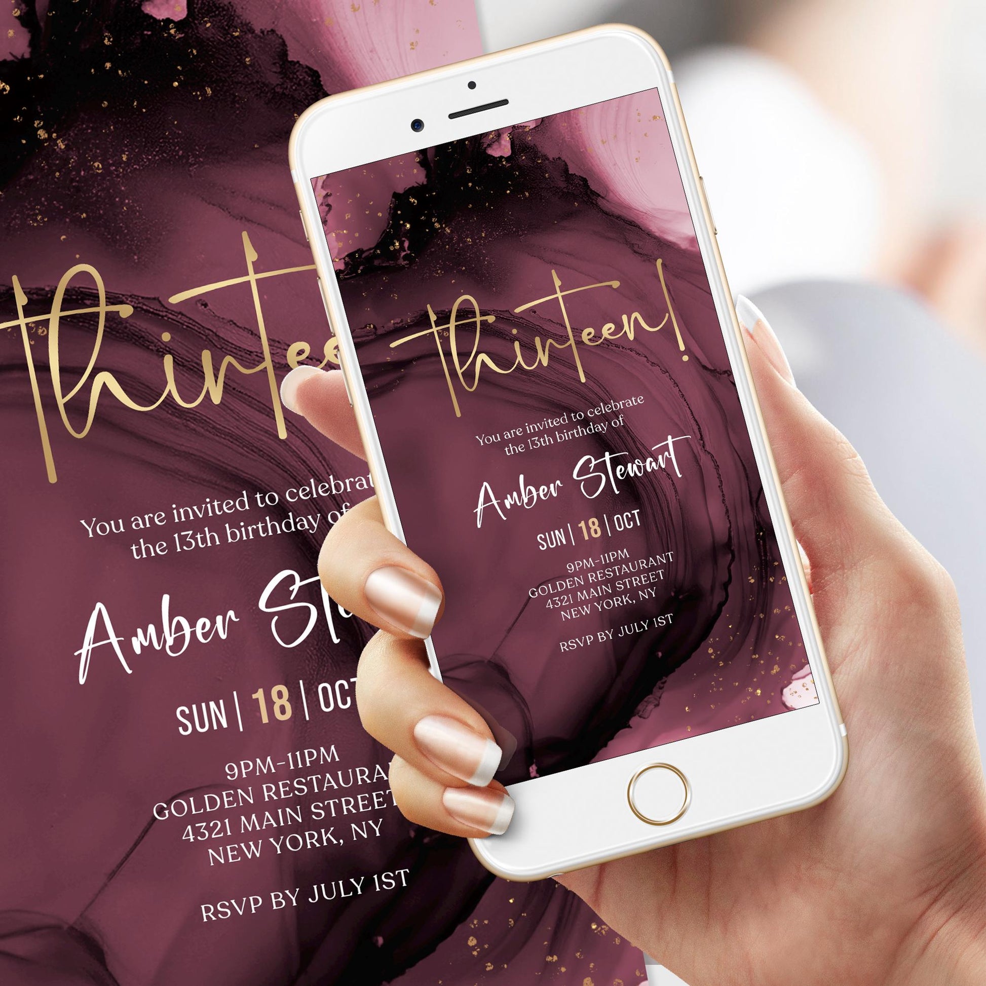 Maroon Purple Gold 13th Birthday Invitation Template | Digital Evite for Teen