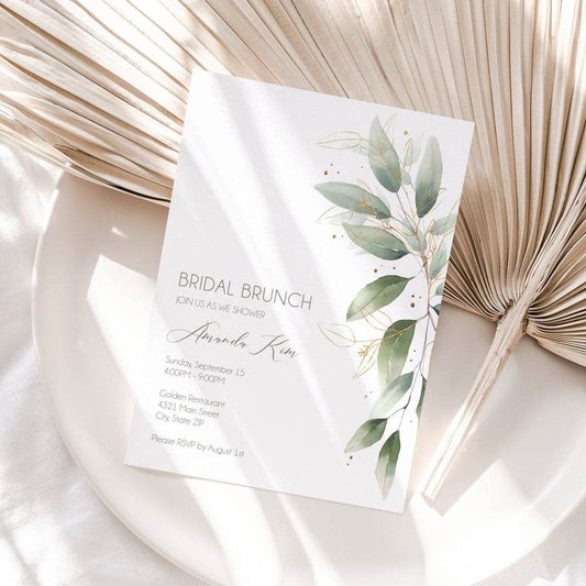Bridal Brunch Shower Invitation Template – Greenery Watercolor & Gold Foil – Elegant Bridal Shower Invite – Editable Bridal Brunch Invitation