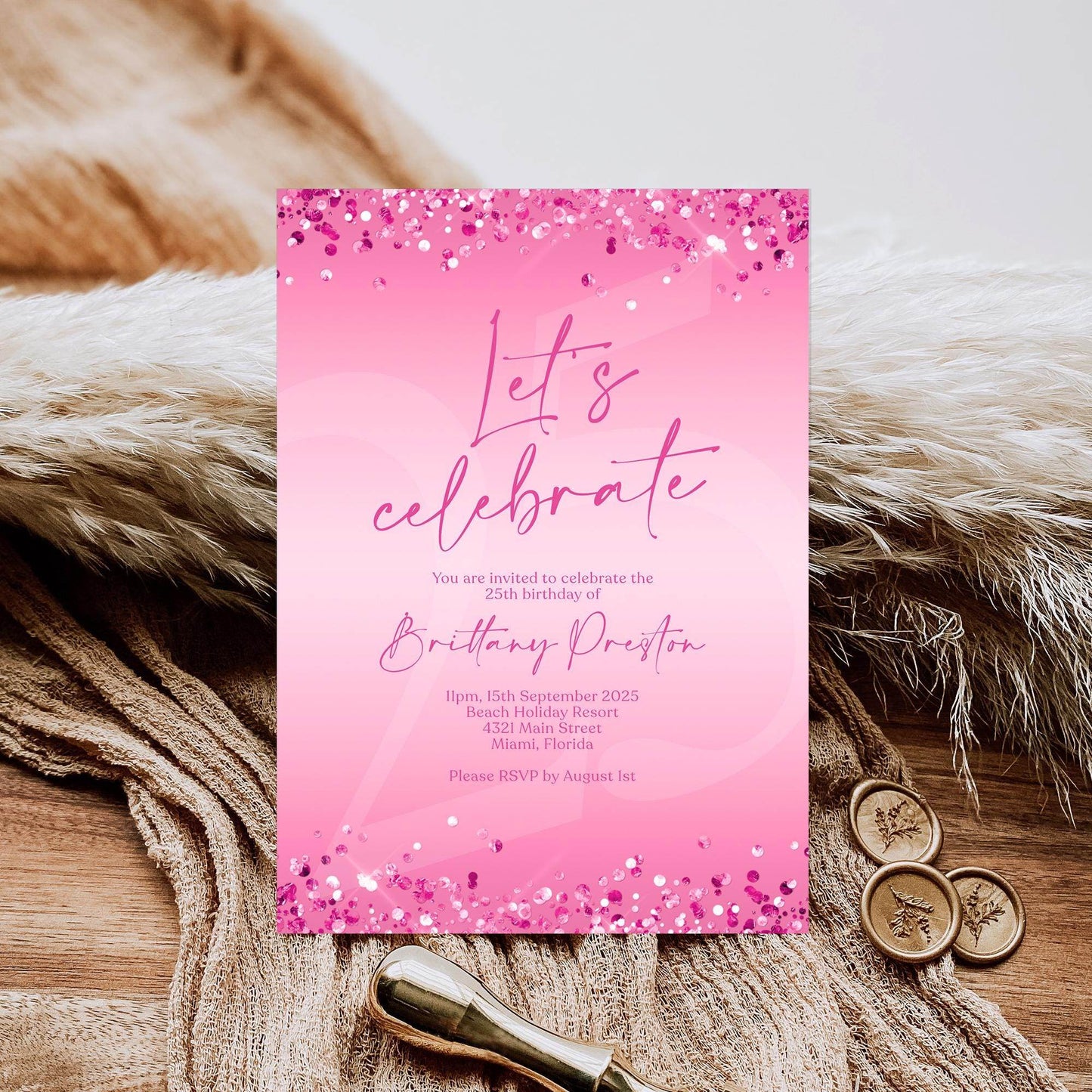Fuchsia Pink Birthday Invitation Template, Editable Let’s Celebrate Party Evite, Digital Text Message Invite for Women, Any Age, Instant Download