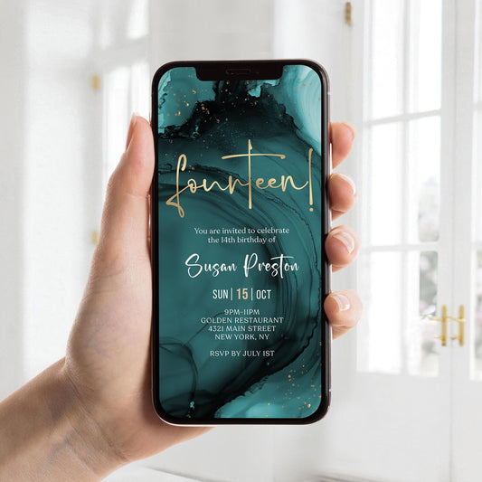 14th Birthday Invitation Template - Blue Teal Gold Design | Instant Download