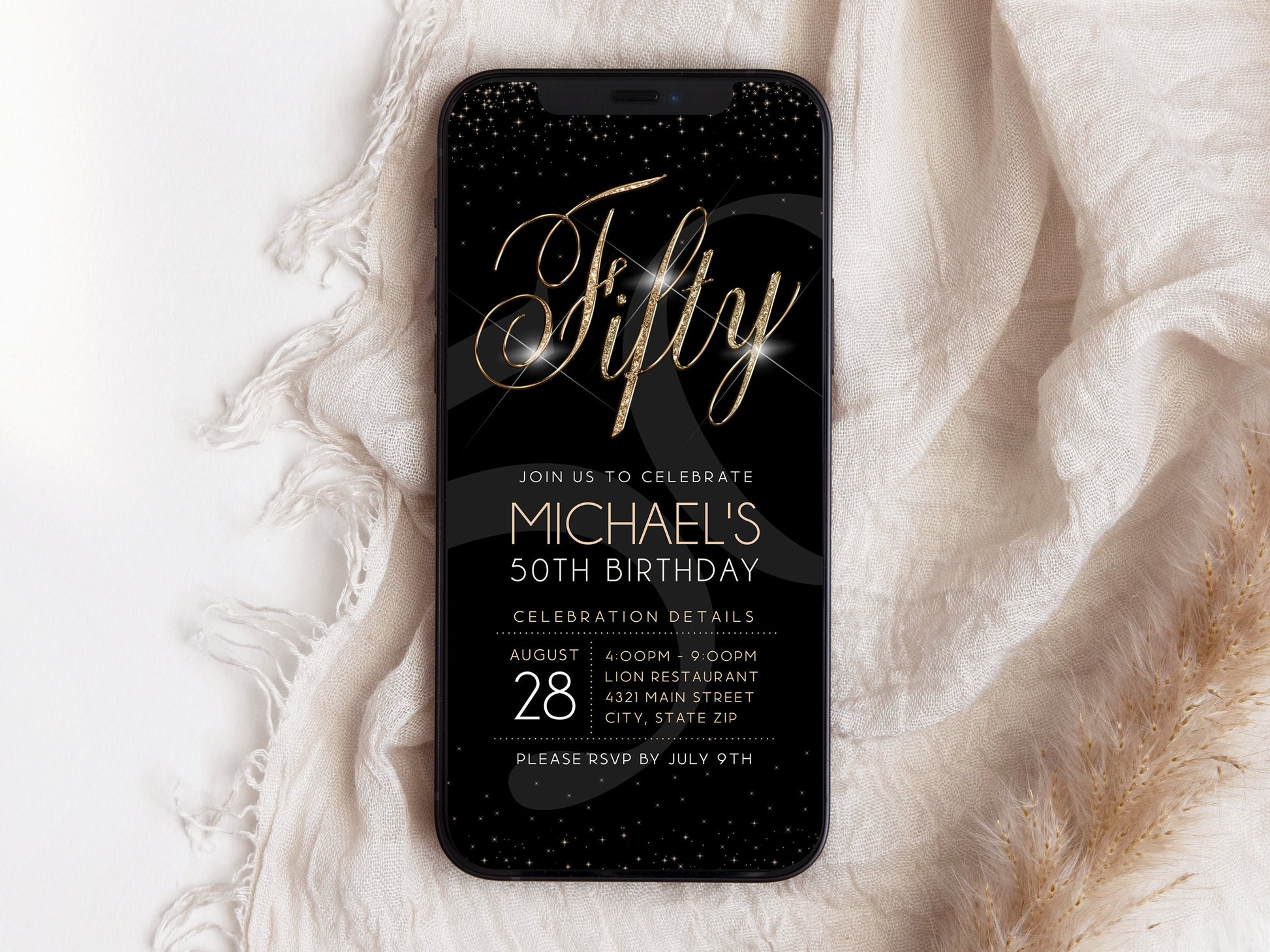 Luxury Digital 50th Fifty Birthday Invitation Template, Black Gold Electronic Invite, Editable Template, Email Text Message Evite For Men