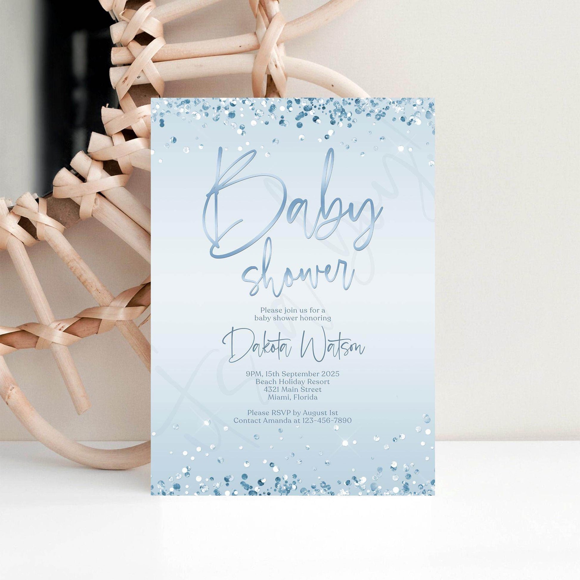 Boy Baby Shower Invitation Template | Editable Blue & Silver Confetti Invite | Digital Baby Shower Evite | Printable Instant Download