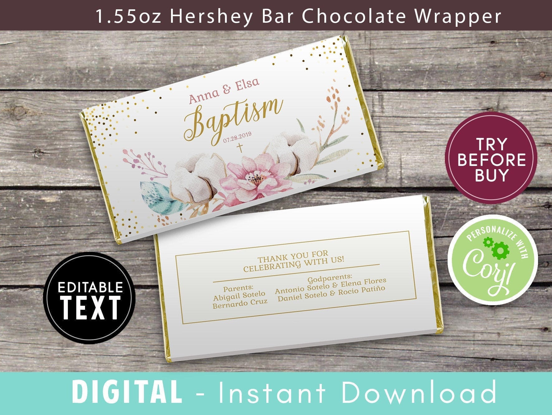 Baptism Chocolate Bar Wrapper, Floral Chocolate Wrappers, Candy Bar Label, Printable Editable, Christening Wedding Birthday Instant Download