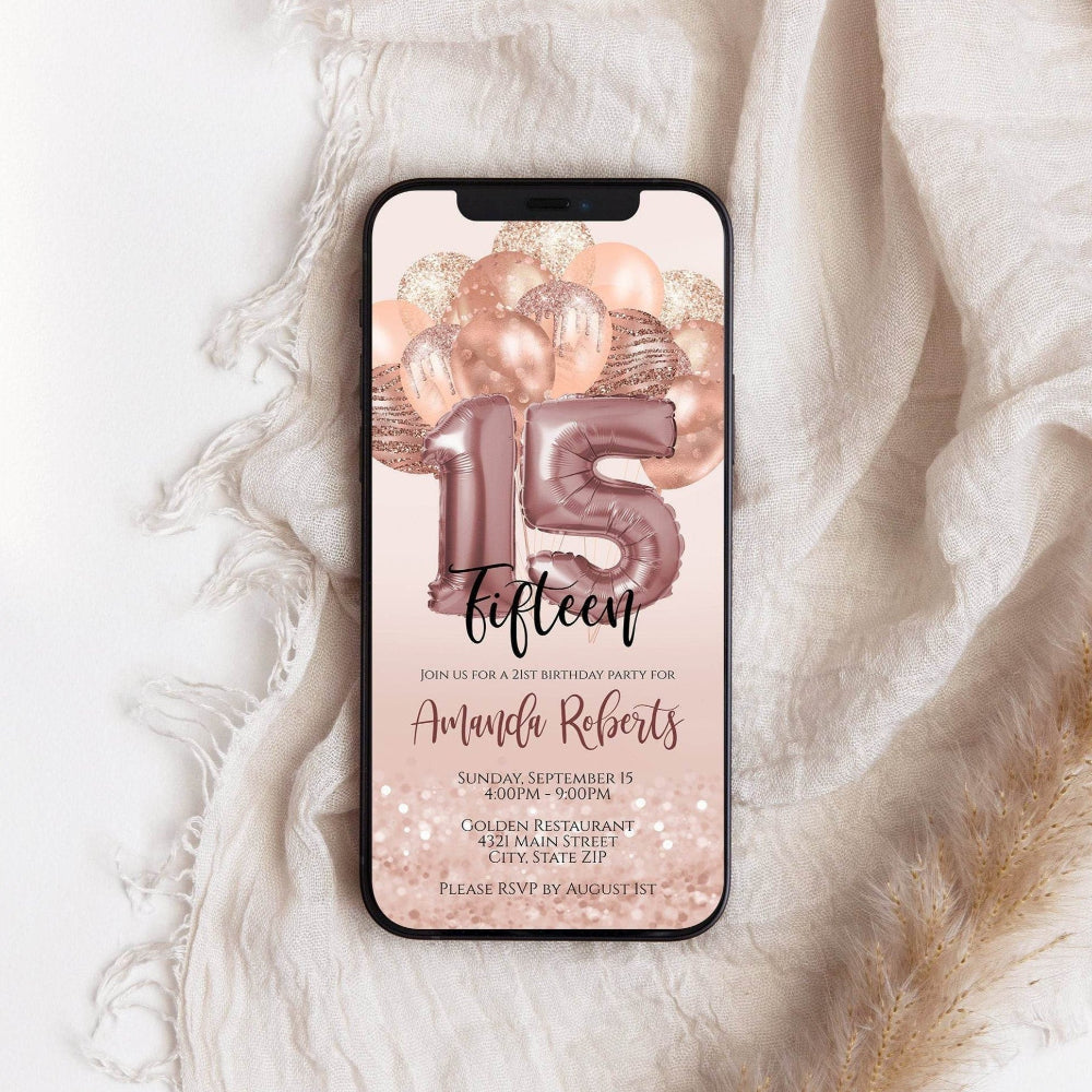 15th Birthday Electronic Invitation Template, Editable Fifteen Birthday Evite, Text Message Phone Invite, Email Digital Download