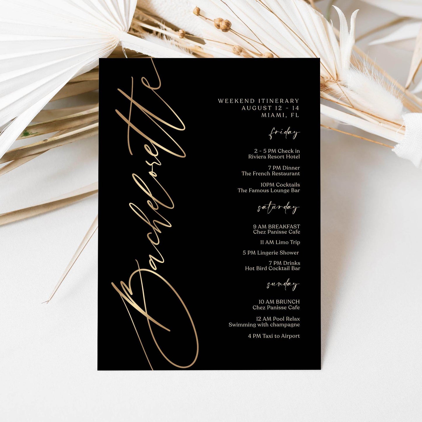Black Bachelorette Itinerary Template, Editable Weekend Event Schedule, Printable Elegant Itinerary, Digital Download, Text Message Evite