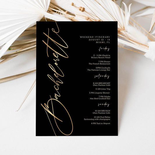 Black Bachelorette Itinerary Template, Editable Weekend Event Schedule, Printable Elegant Itinerary, Digital Download, Text Message Evite