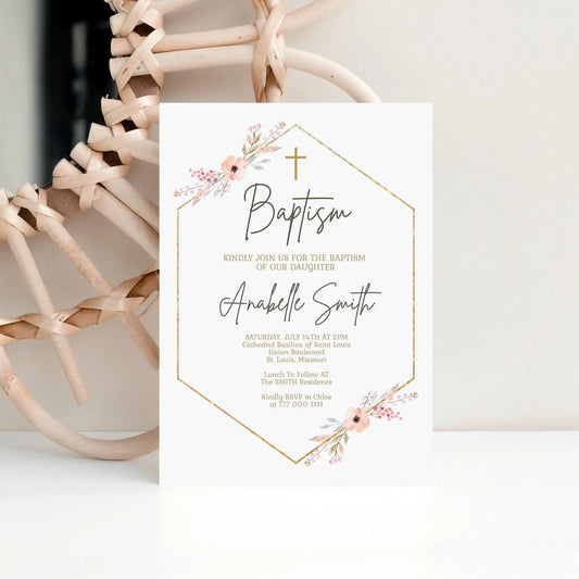 Geometric Baptism Invitation Template, Floral Girl Christening Digital Invite, Instant Download, Printable Minimalistic Baptism Invitation