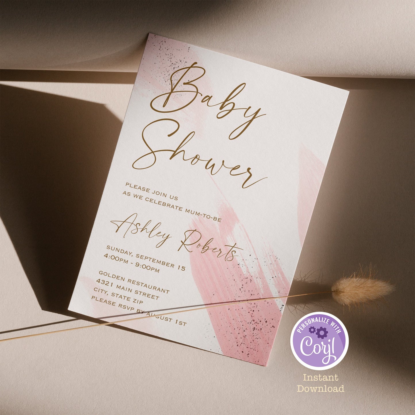 Pink and Gold Baby Shower Invitation | Oh Baby Invite Template | Minimalist Watercolor Girl Baby Shower | Editable Digital Download