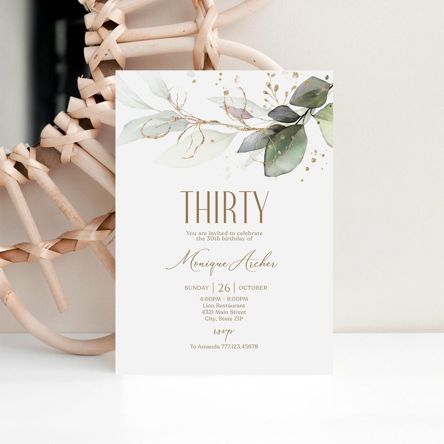 Editable Thirty 30th birthday Invitation Card Template, Printable Greenery Gold Leaves Birthday Invite, Digital Template, Email Text Message
