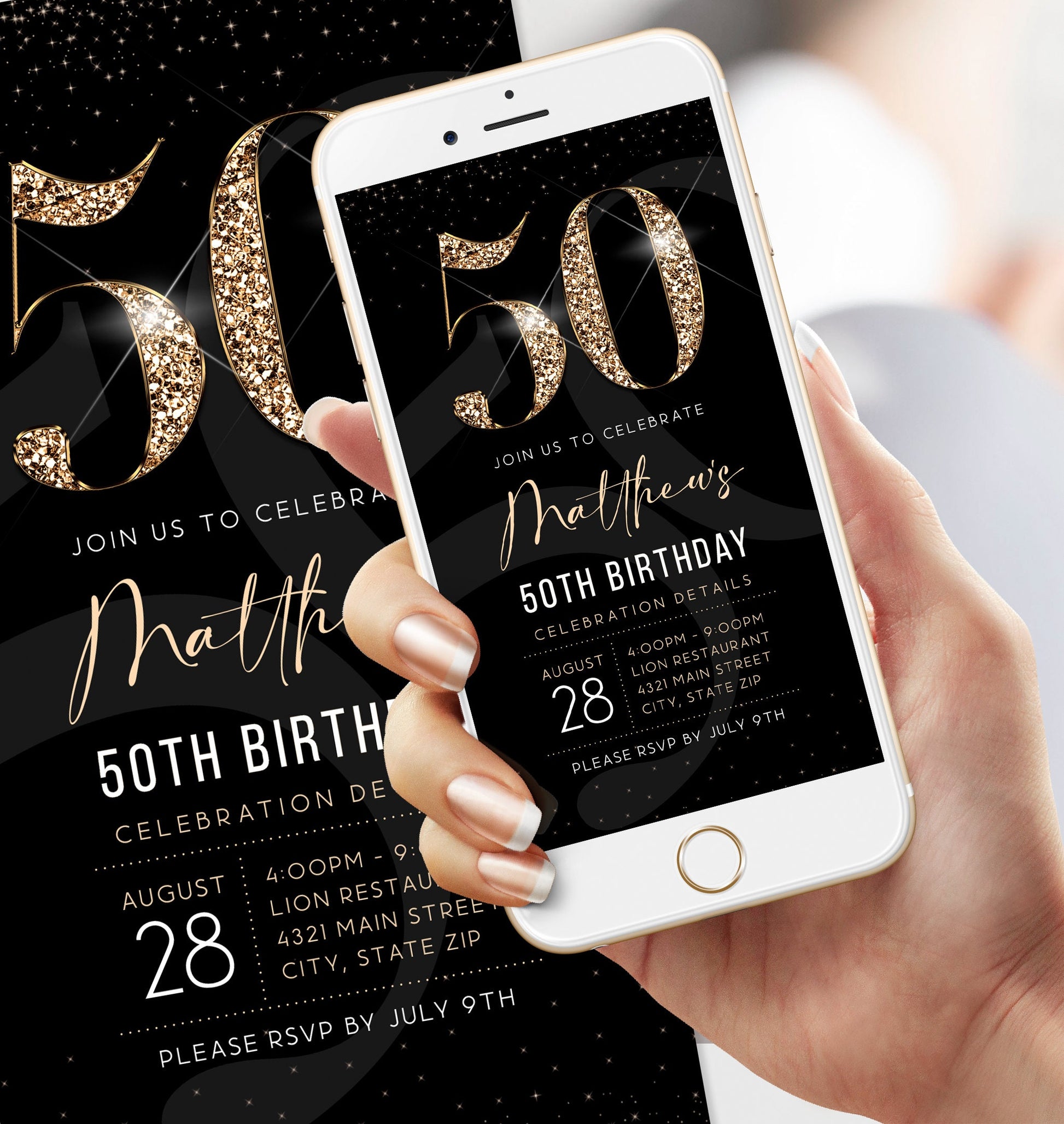 Luxury Digital 50th Fifty Birthday Evite Invitation Template, Electronic Black Gold Modern Invite, Email Text Message Evite, Phone Invite
