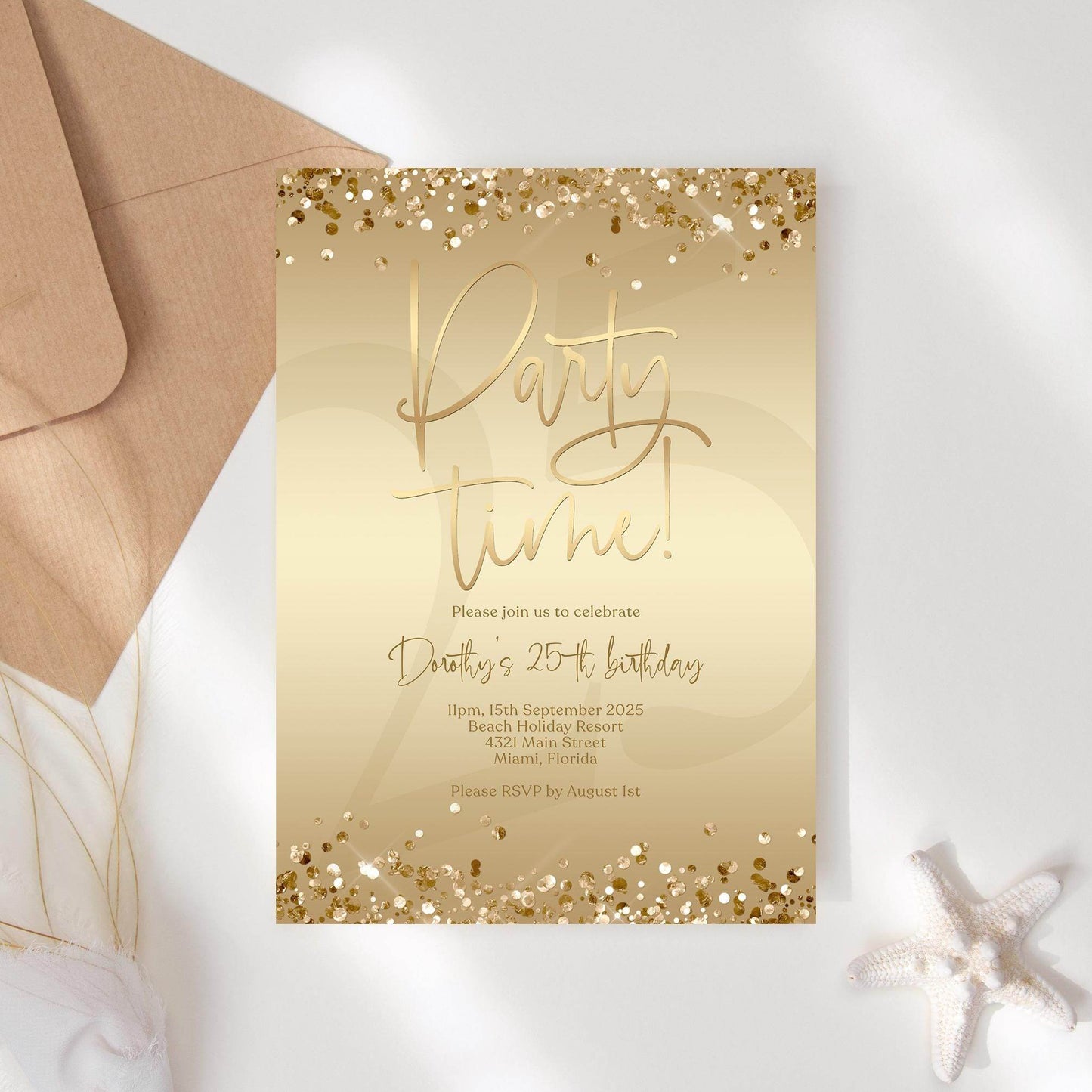 Editable Gold Foil Birthday Invitation, Printable Party Time Invite, Gold Confetti Evite, Any Age Digital Text Message Invitation Template