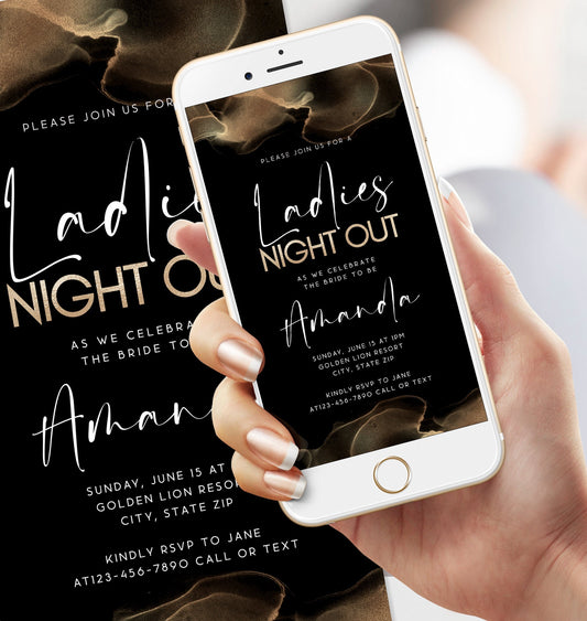 Digital Ladies Night Out Black Gold Party Invitation, Editable Electronic Bachelorette Invite, Hens Night Invitation, Girls Party Evite