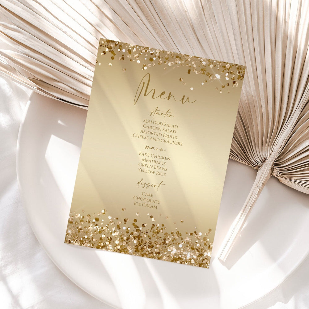 Gold Foil Menu Template | Editable Glitter Dinner Menu Card | Printable Birthday or Wedding Menu | Modern DIY Digital Instant Download