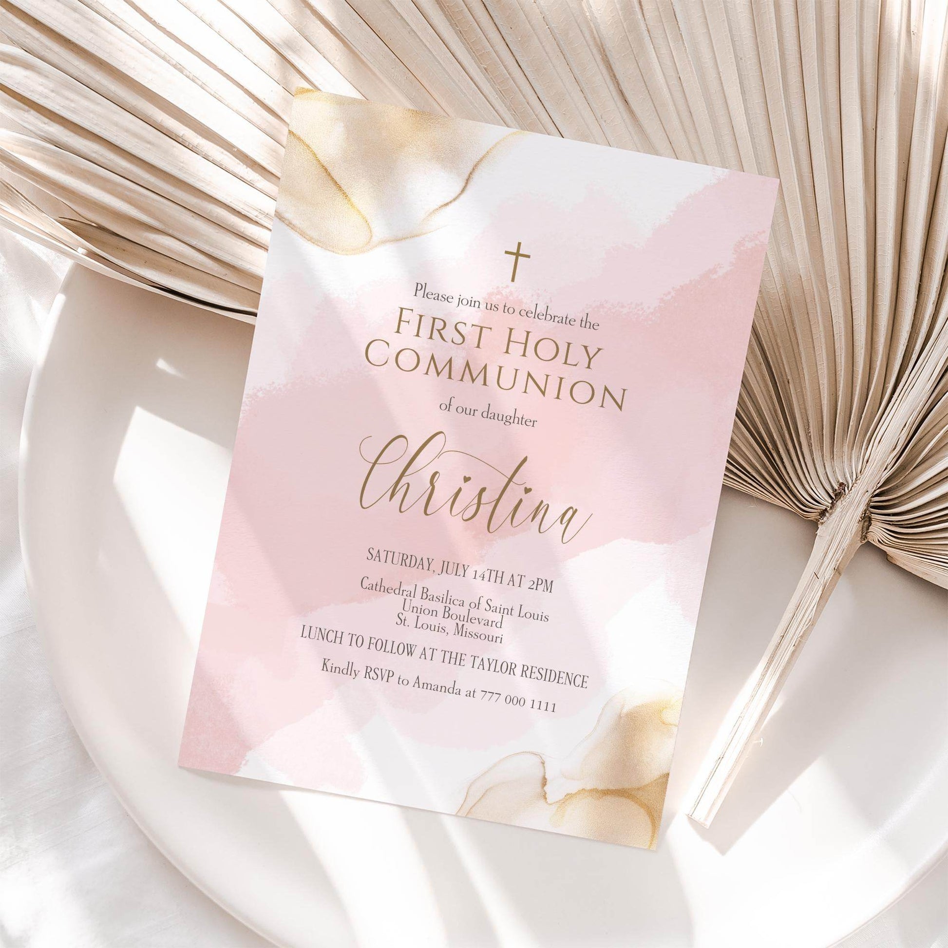 Girl First Communion Invitation Template, Printable Pink Gold Watercolor First Holy Communion Invite, Editable Card, Digital Text Evite Download
