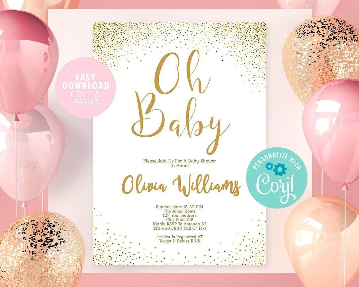 Oh Baby Shower Invitation Editable Template – Gold Glitter Confetti Design | Printable Baby Shower Invite | Instant Download