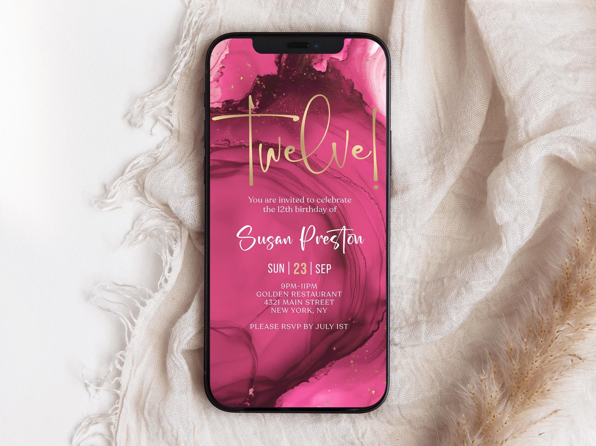 12th Birthday Invitation Template | Fuchsia Pink Gold | Editable Text Message Evite