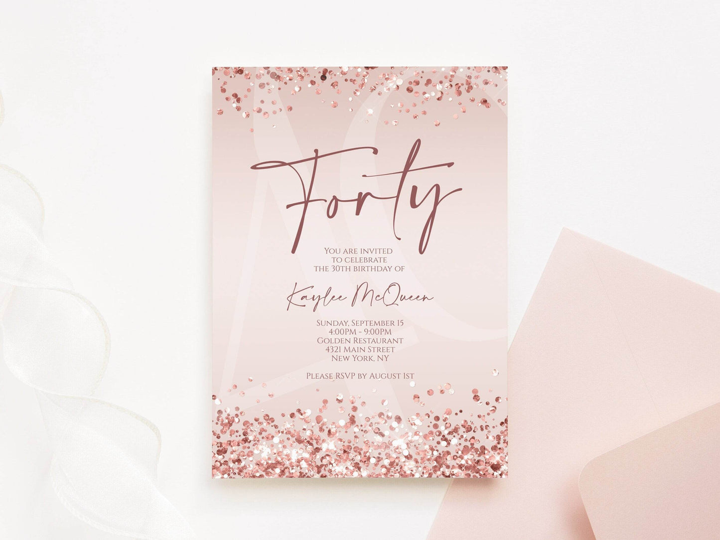 Rose Gold 40th Birthday Invitation Template, Editable Any Age Birthday Evite, Printable Pink Invite for Women, Text Message Download