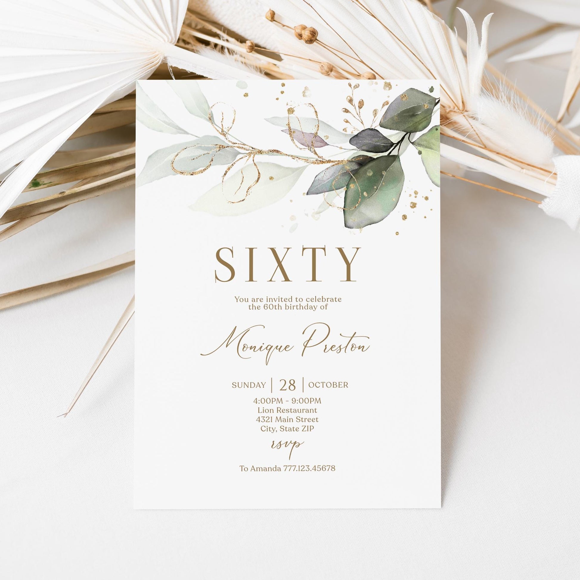 Editable Sixty 60th birthday Invitation Card Template, Printable Greenery Gold Leaves Birthday Invite, Digital Template, Email Text Message
