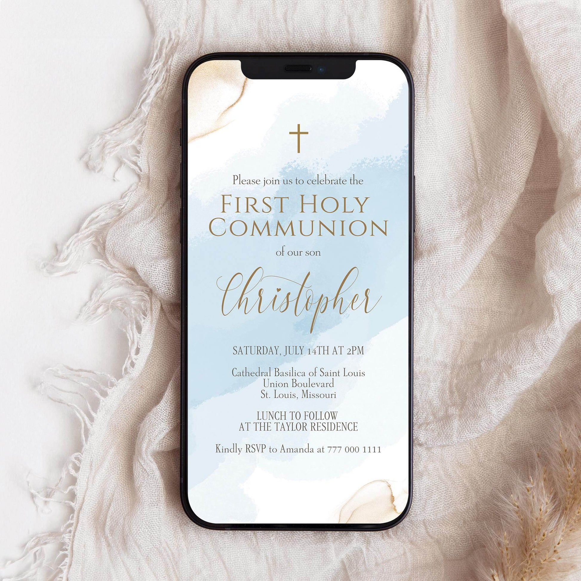 Boy Communion Invitation Template, Blue Watercolor 1st Holy Communion Evite, Editable Digital Text Message Invite, Instant Download