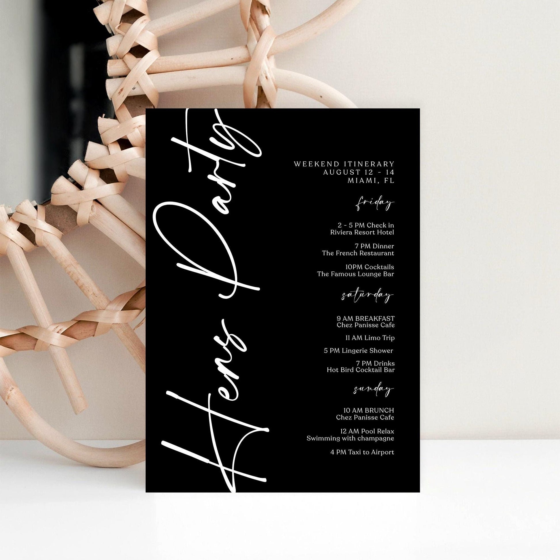 Printable Black Hens Party Weekend Itinerary Template – Editable Minimalist Bachelorette Weekend Schedule – Hen Party Events Itinerary – Instant Download