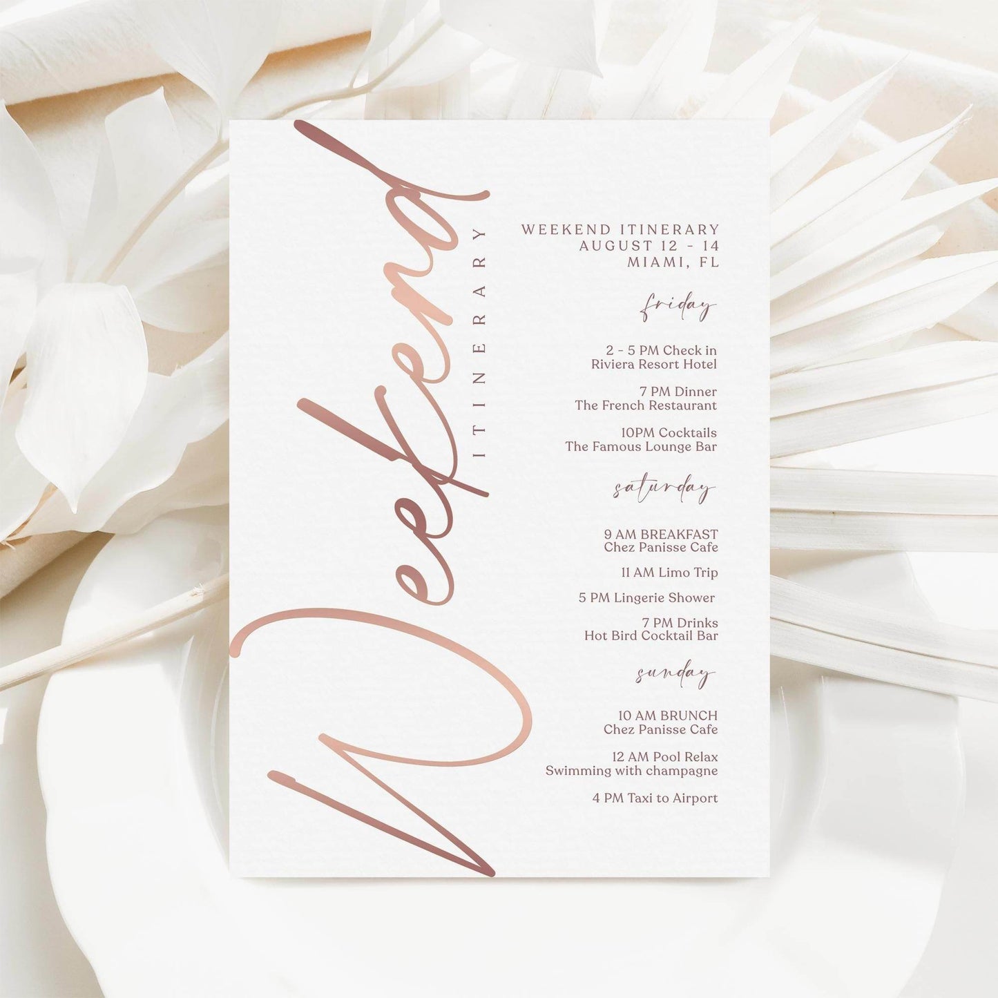 Editable Rose Gold Weekend Itinerary Template – Printable Birthday, Anniversary, or Hen Party Schedule | Digital Download | Email or Text Message Friendly
