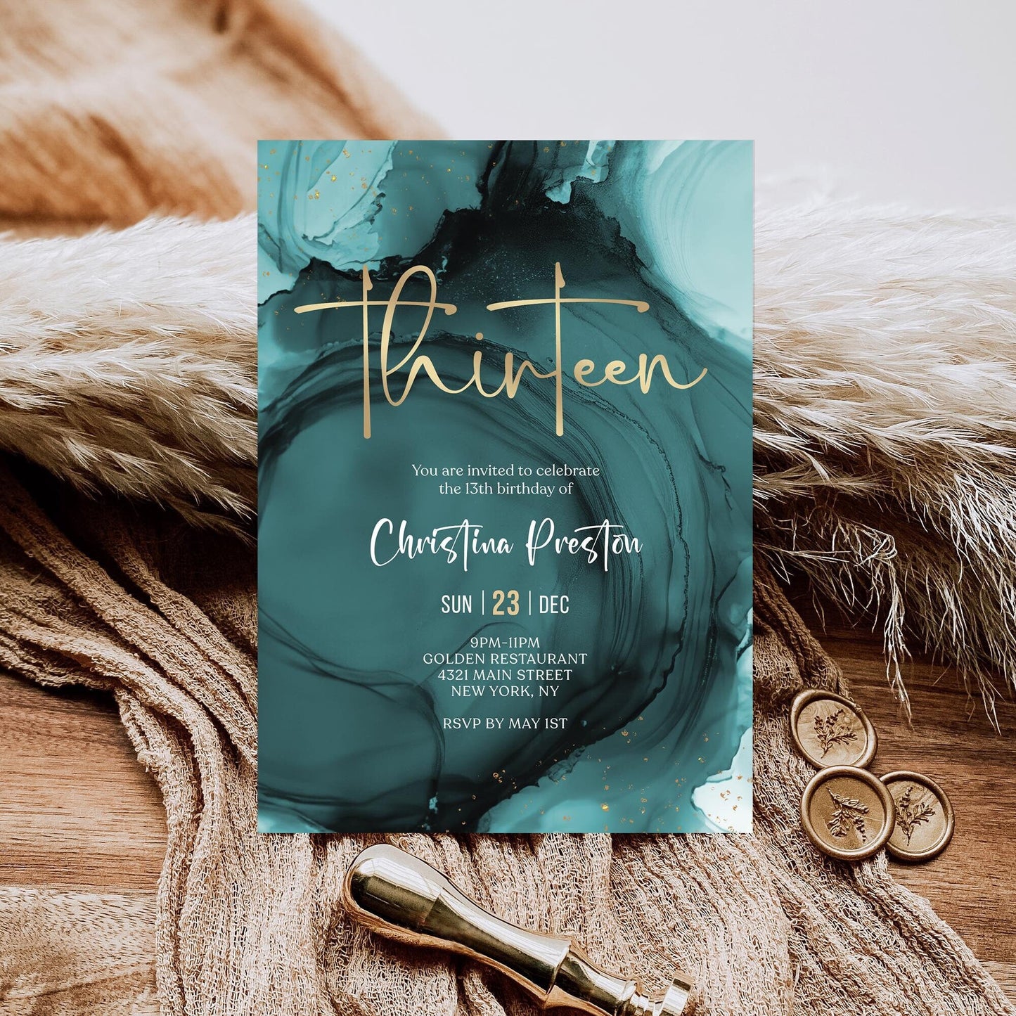 Teal Gold 13th Thirteen Birthday Invitation Template, Printable Birthday Party Invite, Editable Boy Girl Surprise Invite, Digital Download