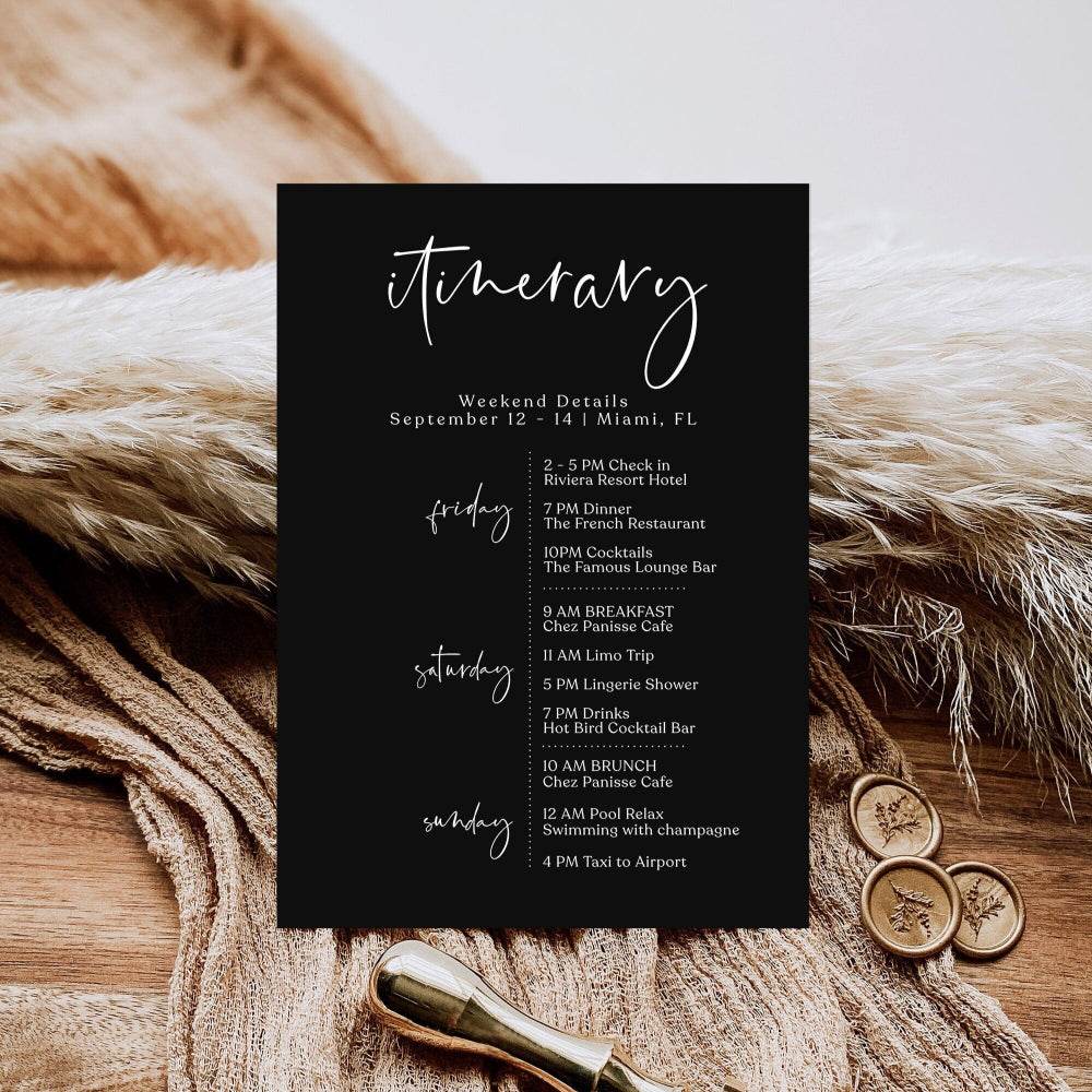 Printable Black Itinerary Template | Editable Minimalist Weekend Schedule | Bachelorette, Hens, Birthday Itinerary | Instant Download PDF