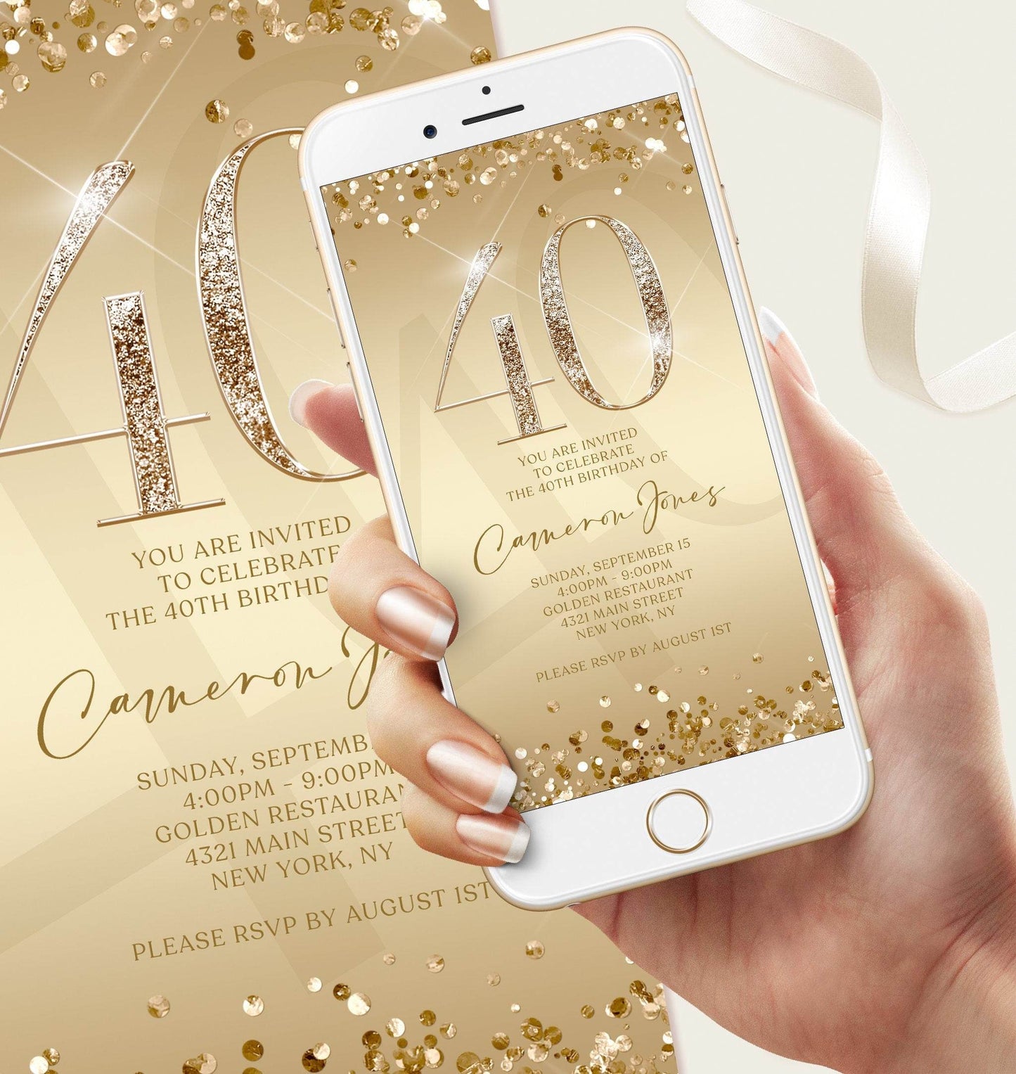 Electronic Gold 40th Birthday Invitation Template, Digital Forty Birthday Evite, Editable Mobile Invite, Text Message Birthday Download