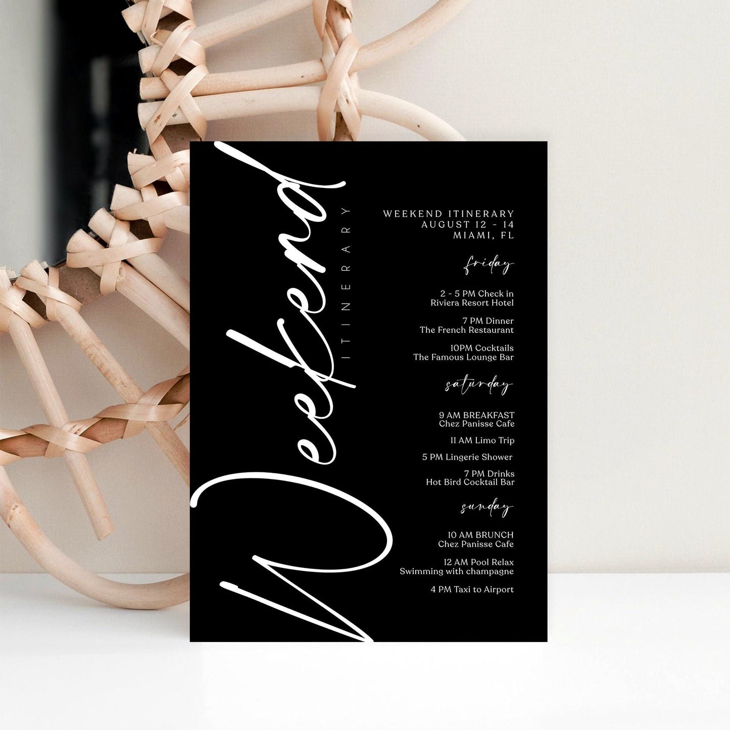 Editable Black Weekend Itinerary Template | MagicalEventCo