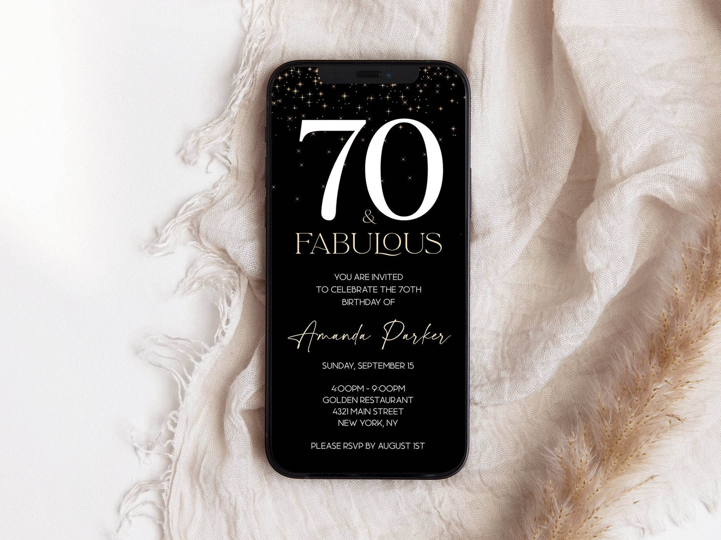 Black Gold 70th Birthday Invitation Template, Editable Digital Evite, Seventy and Fabulous Text Message Invite, Instant Download