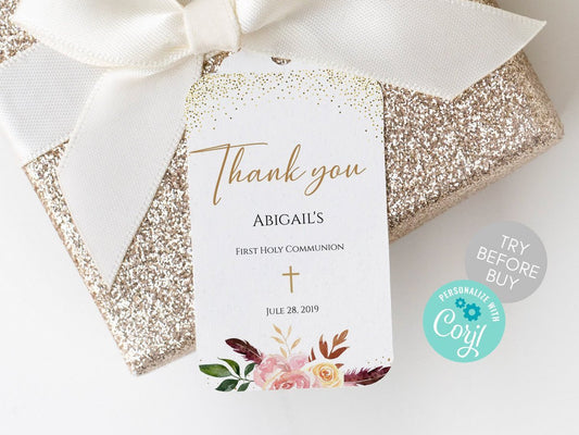 Gold Floral First Communion Favor Tags Girl, Thank You Baptism Tag, Printable Editable Template, Personalized Favor Tag Instant Download DIY