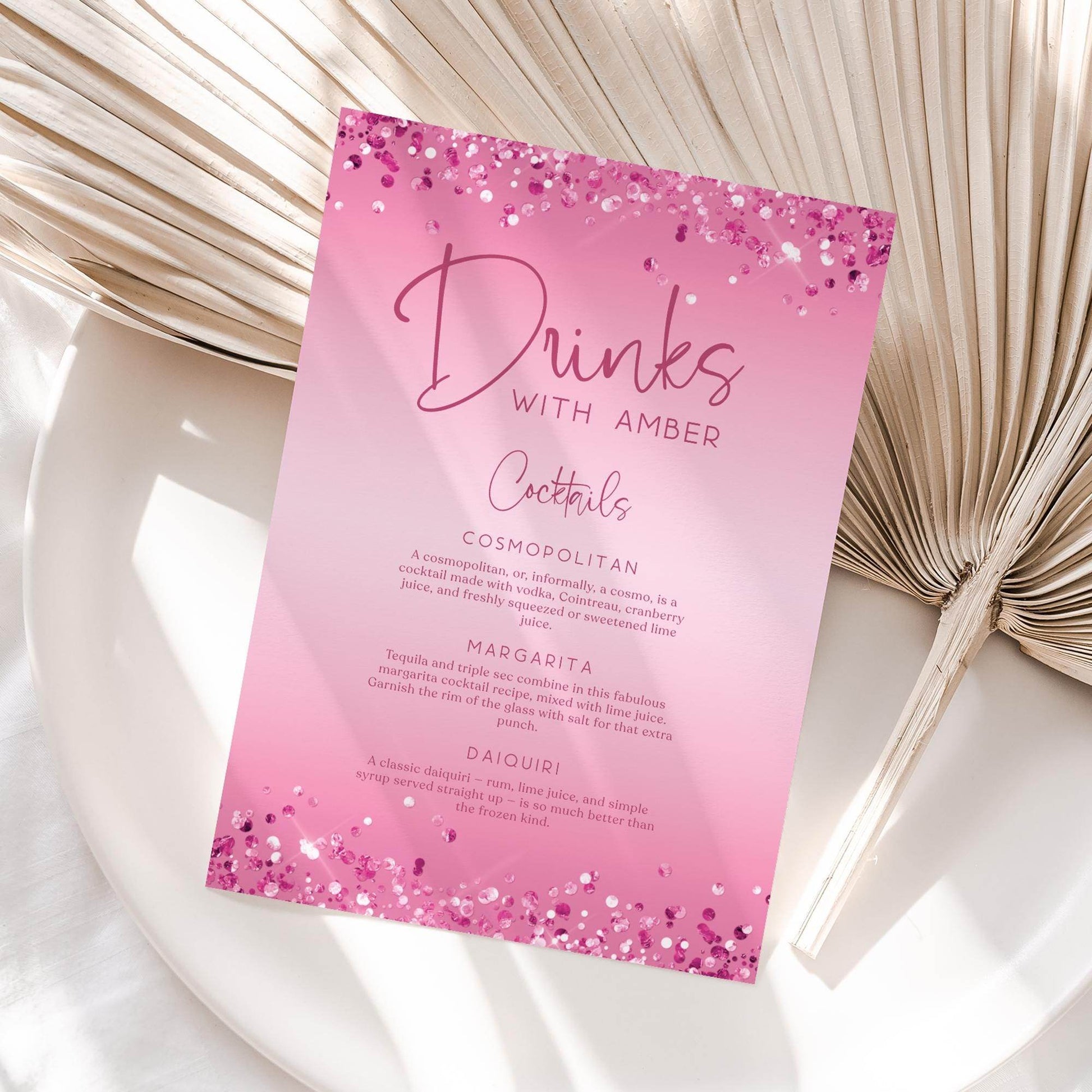 Cocktail Drinks Menu Signage Template – Editable Pink Signature Drinks Menu | Custom Name Printable for Birthday, Bachelorette, Hens Party | Instant Digital Download